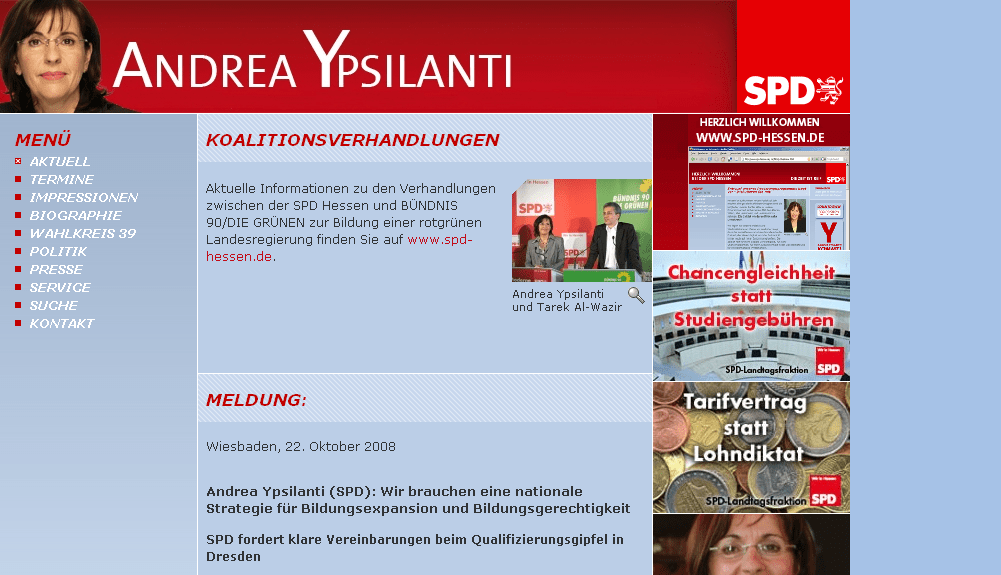 Die Website von Andrea Ypsilanti am Tag des GAUs (3.11.2008, ca. 18 Uhr)